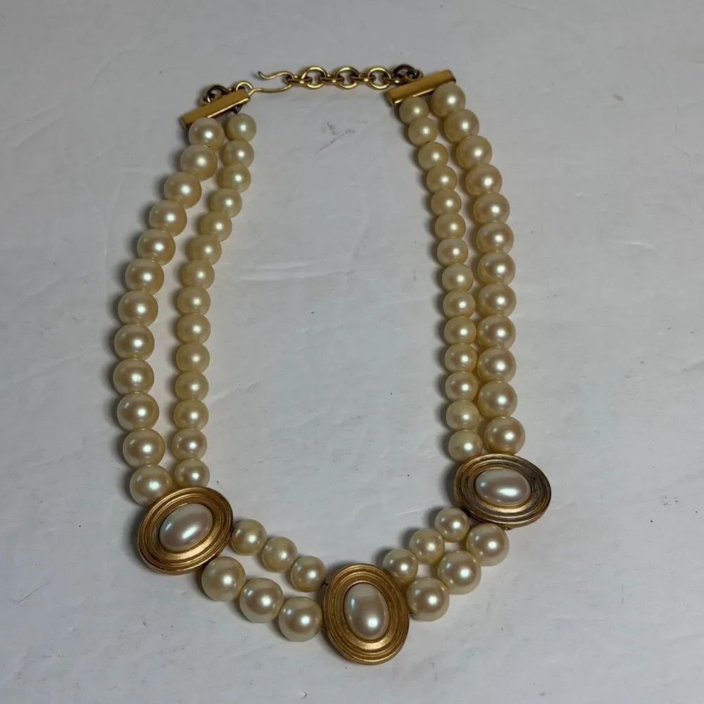 Vintage Monet Faux Pearl Double Strand Necklace Gold Tone Oval Cabochon 18.5"